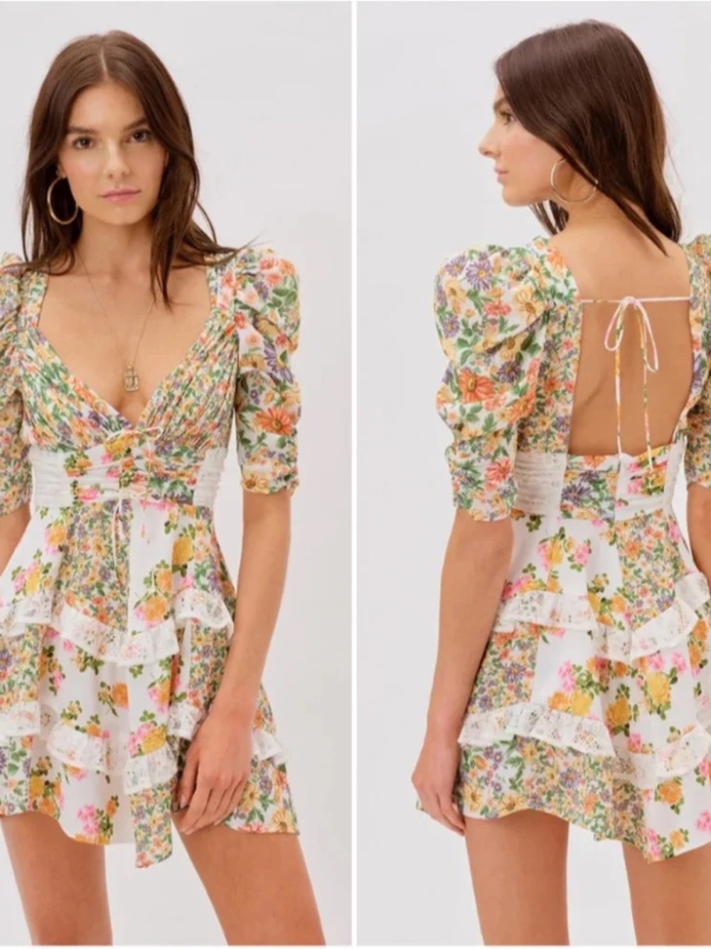 NWT For Love & Lemons Rosalyn Floral Mini Dress Marigold L